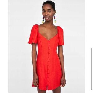 Zara Red Linen Blend Button Front Puff Sleeve Off Shoulder Mini Dress - L